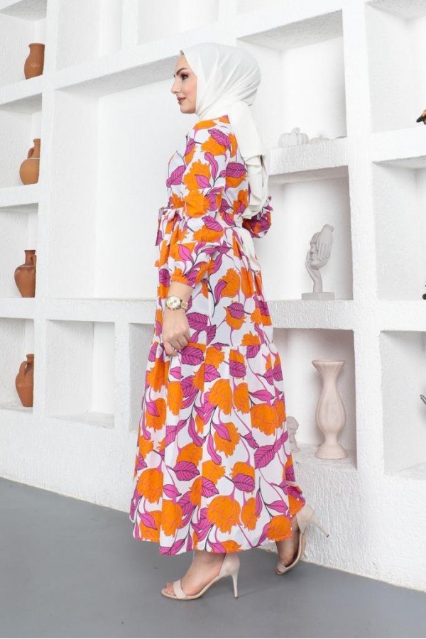  Desenli Tesettür Elbise Oranj 438