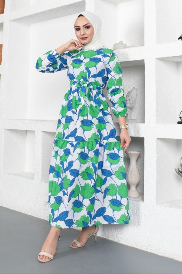  Desenli Tesettür Elbise Yeşil 438