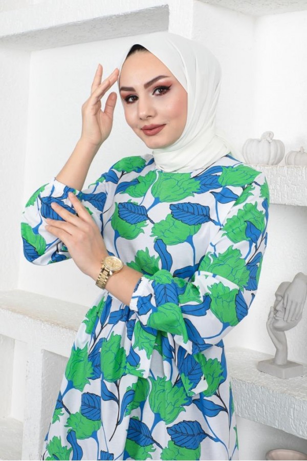  Desenli Tesettür Elbise Yeşil 438