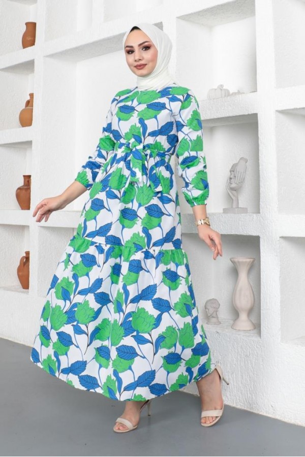  Desenli Tesettür Elbise Yeşil 438