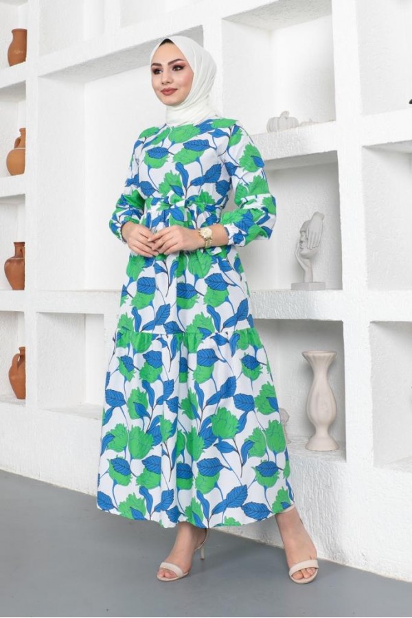  Desenli Tesettür Elbise Yeşil 438