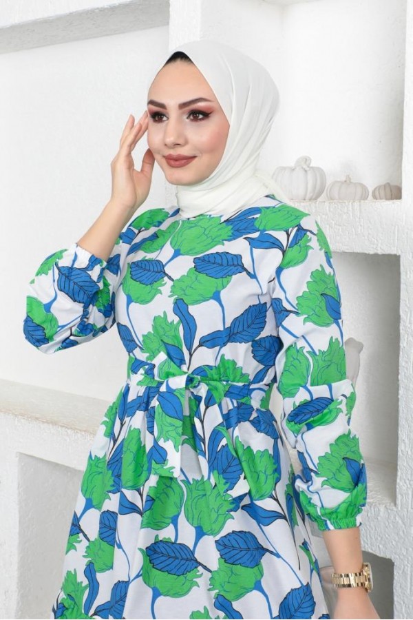  Desenli Tesettür Elbise Yeşil 438