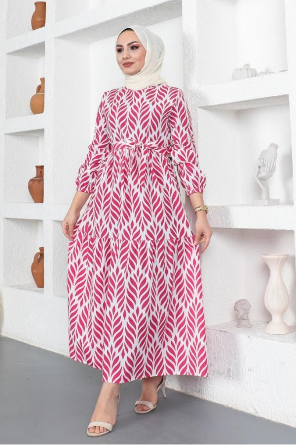  Desenli Tesettür Elbise Fuşya 440