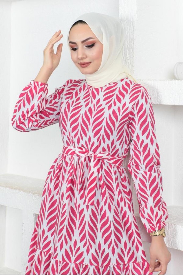  Desenli Tesettür Elbise Fuşya 440