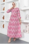  Desenli Tesettür Elbise Fuşya 440