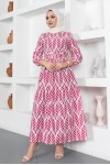  Desenli Tesettür Elbise Fuşya 440