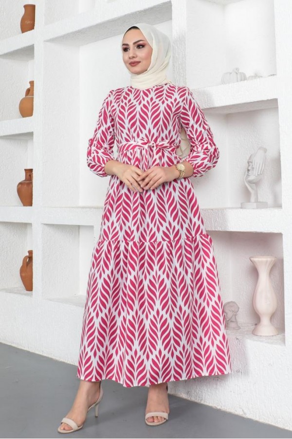  Desenli Tesettür Elbise Fuşya 440