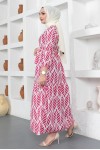  Desenli Tesettür Elbise Fuşya 440