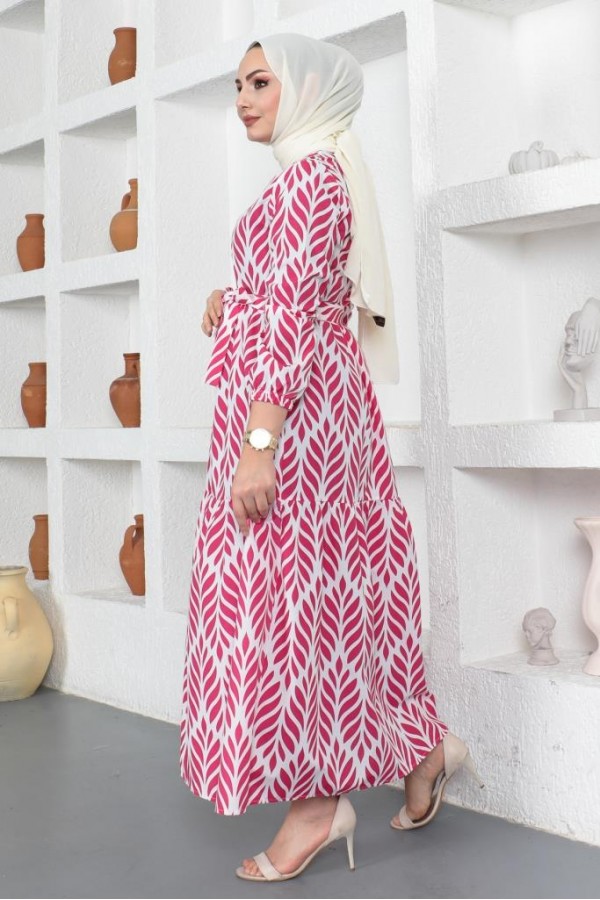  Desenli Tesettür Elbise Fuşya 440