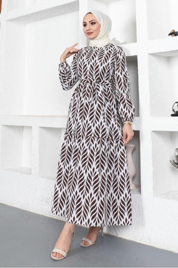 Desenli Tesettür Elbise Kahverengi 440 Desenli Tesettür Elbise Kahverengi 440