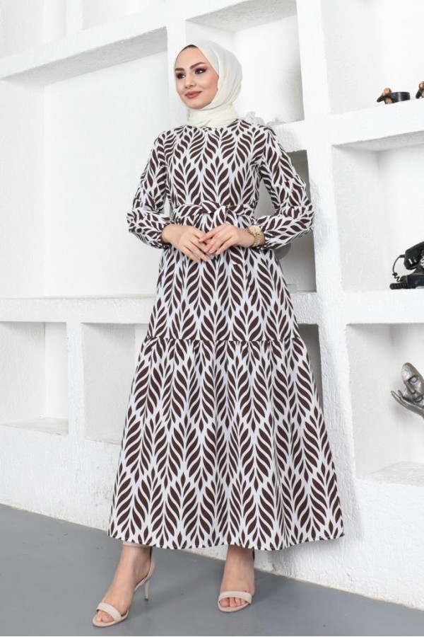 Desenli Tesettür Elbise Kahverengi 440 Desenli Tesettür Elbise Kahverengi 440