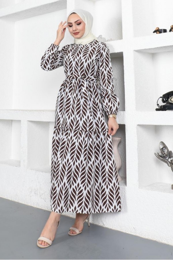 Desenli Tesettür Elbise Kahverengi 440 Desenli Tesettür Elbise Kahverengi 440