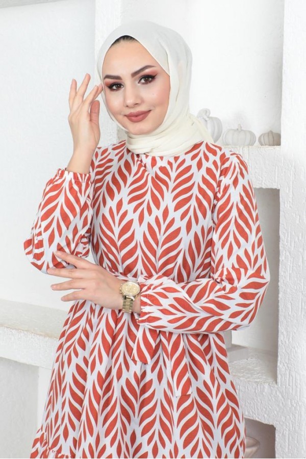 Desenli Tesettür Elbise Kiremit 440