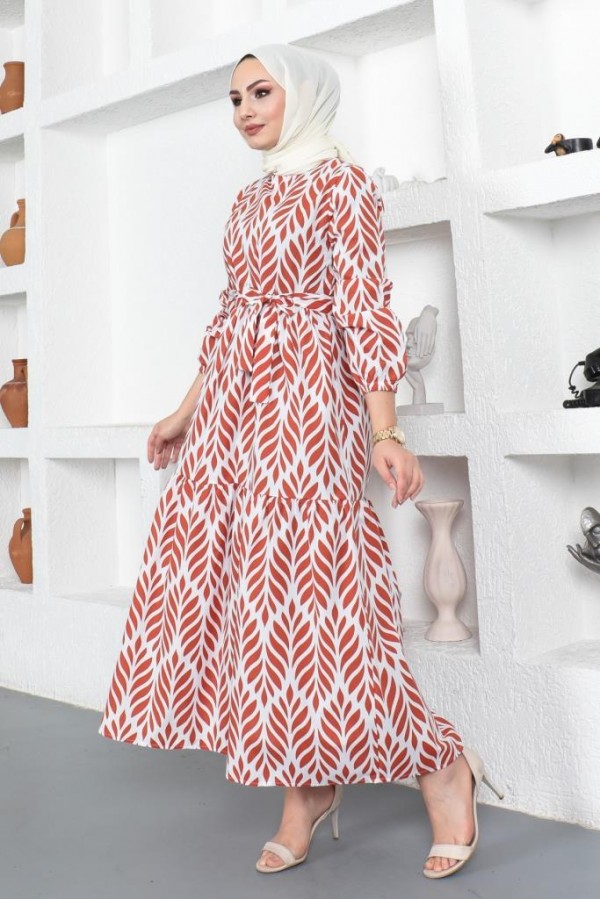  Desenli Tesettür Elbise Kiremit 440