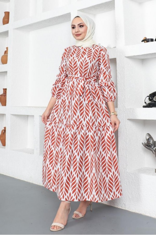  Desenli Tesettür Elbise Kiremit 440