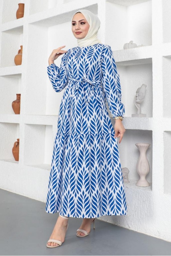  Desenli Tesettür Elbise Mavi 440