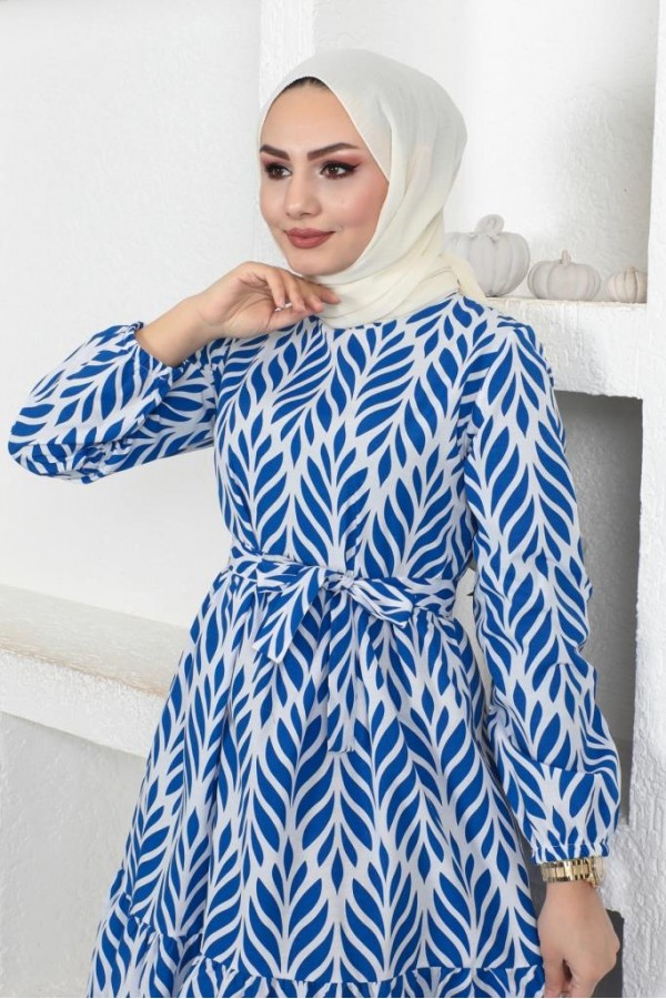  Desenli Tesettür Elbise Mavi 440