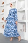  Desenli Tesettür Elbise Mavi 440