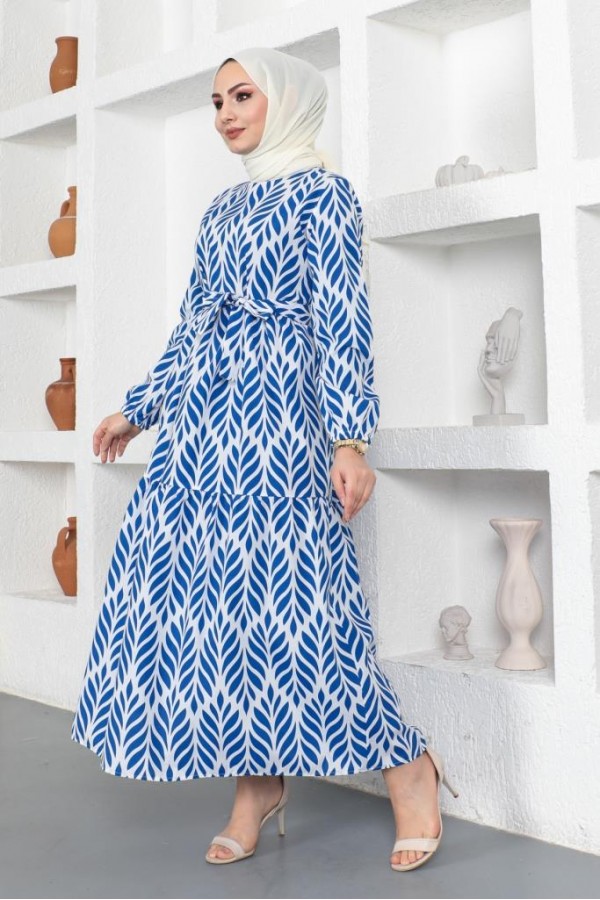  Desenli Tesettür Elbise Mavi 440