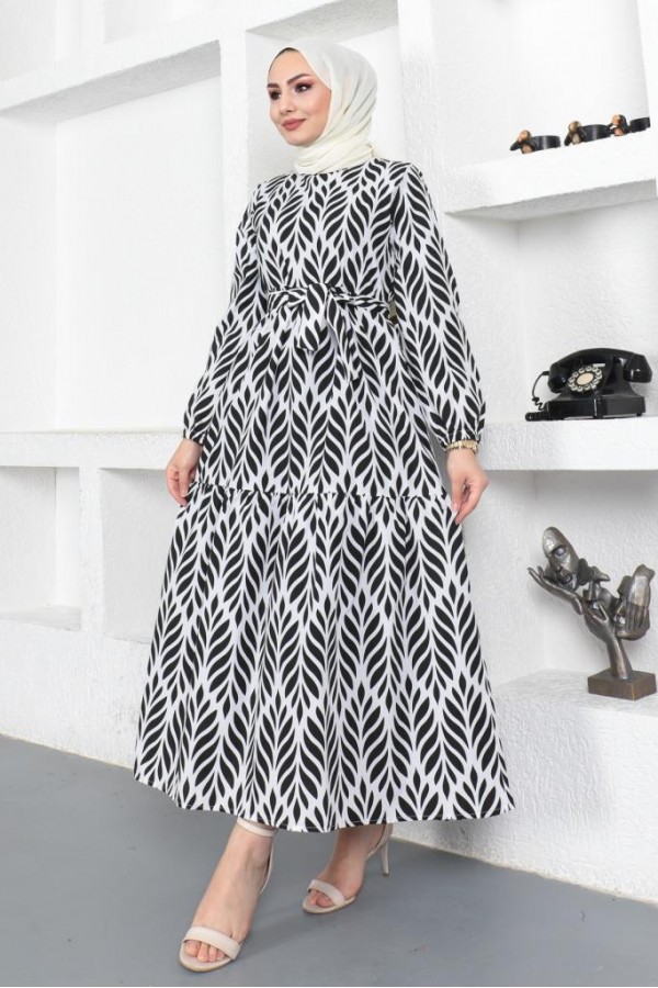  Desenli Tesettür Elbise Siyah 440