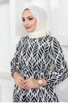 Desenli Tesettür Elbise Siyah 440