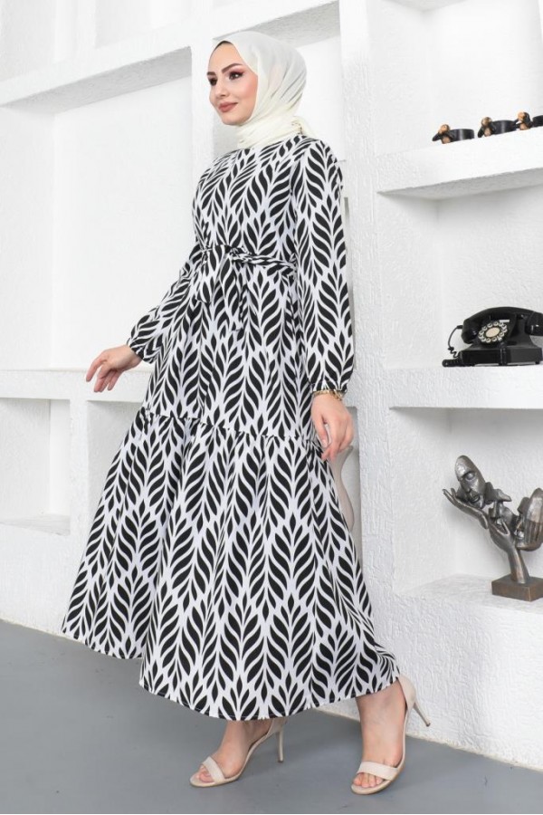 Desenli Tesettür Elbise Siyah 440