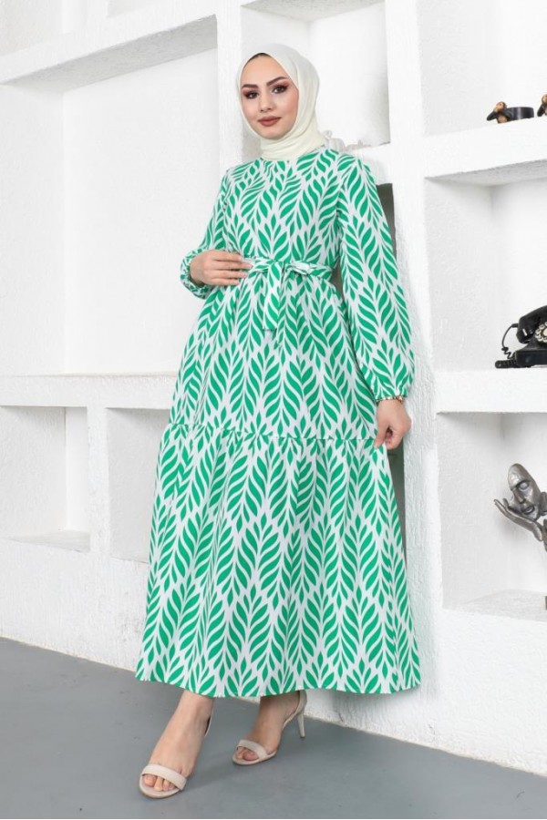 Desenli Tesettür Elbise Yeşil 440 Desenli Tesettür Elbise Yeşil 440
