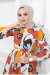  Desenli Tesettür Elbise Kiremit 441