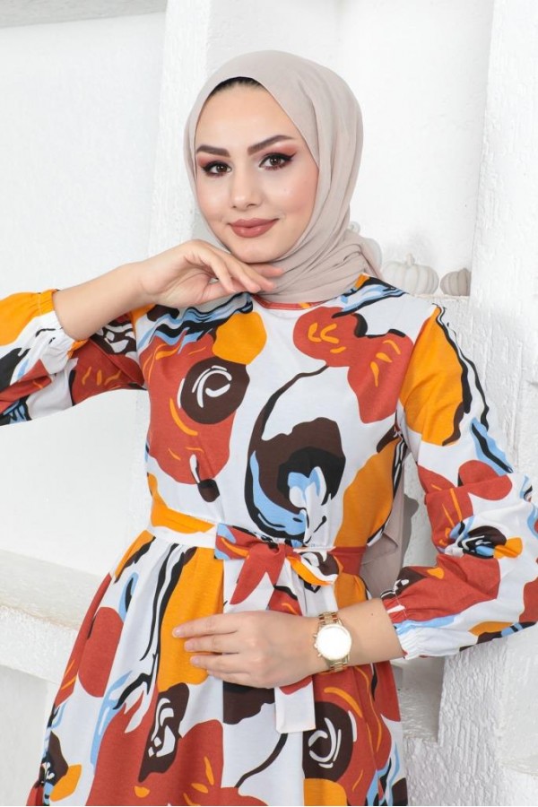  Desenli Tesettür Elbise Kiremit 441