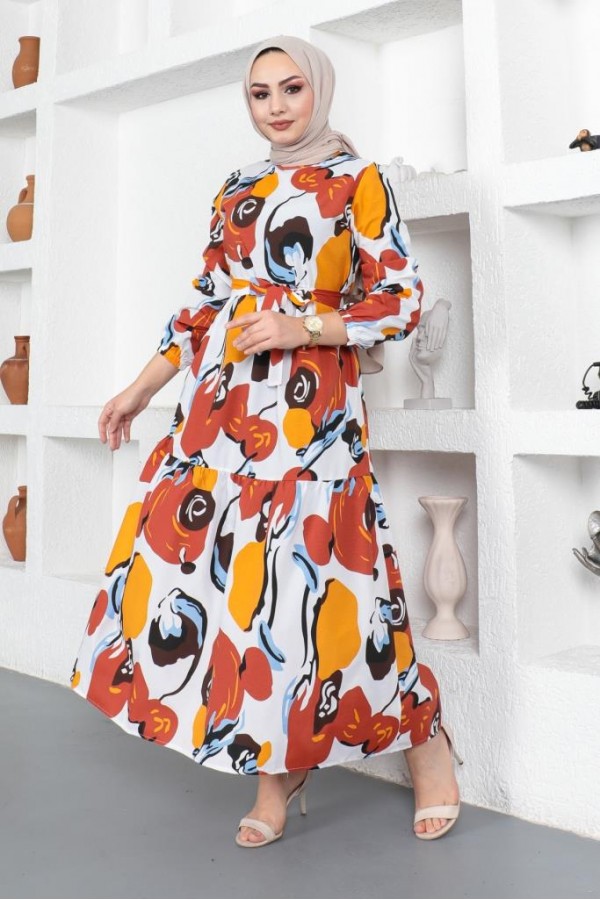  Desenli Tesettür Elbise Kiremit 441