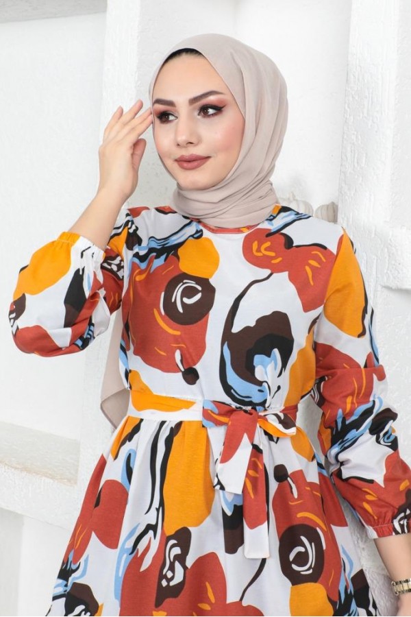  Desenli Tesettür Elbise Kiremit 441