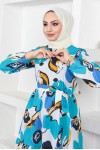  Desenli Tesettür Elbise Mavi 441