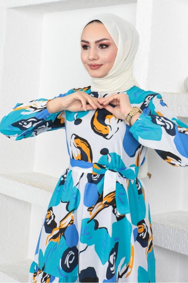  Desenli Tesettür Elbise Mavi 441