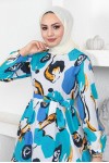  Desenli Tesettür Elbise Mavi 441