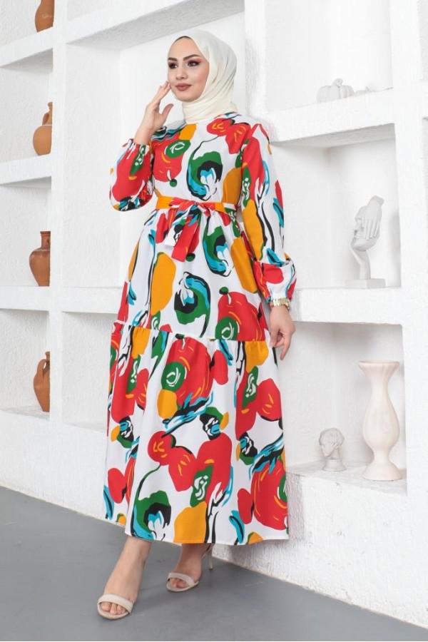  Desenli Tesettür Elbise Oranj 441