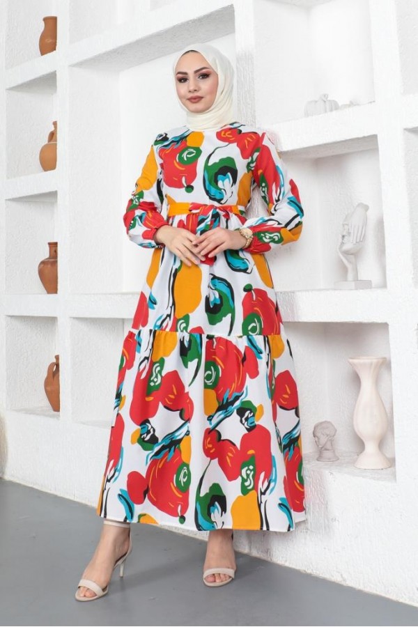  Desenli Tesettür Elbise Oranj 441