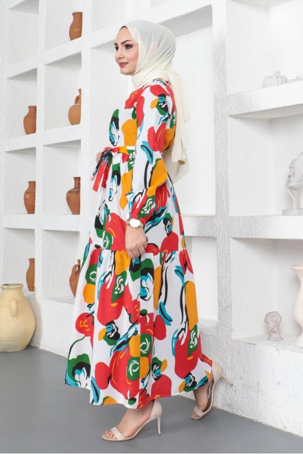  Desenli Tesettür Elbise Oranj 441