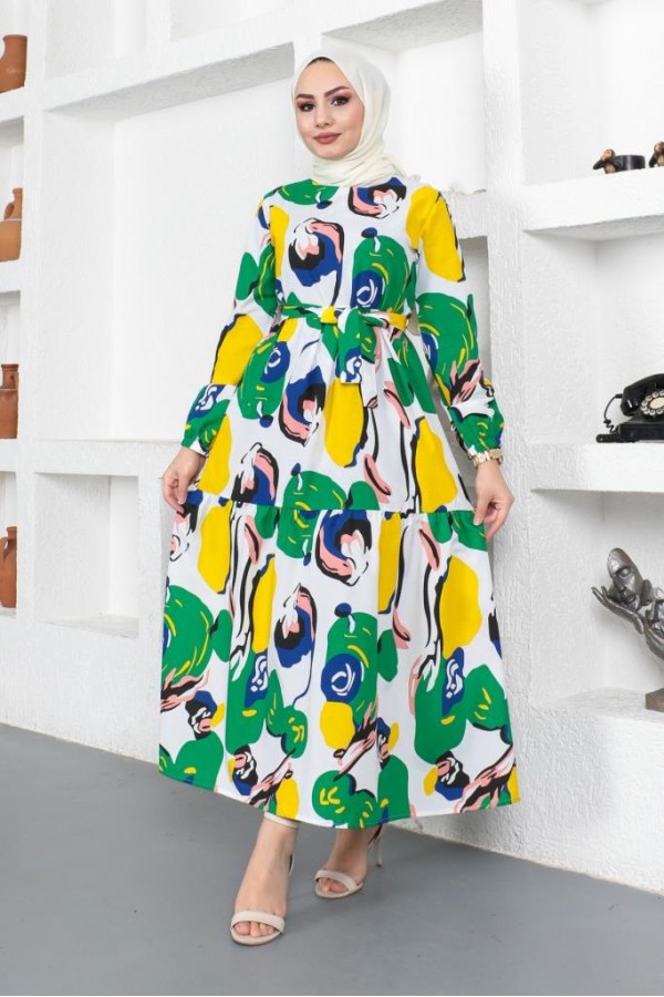  Desenli Tesettür Elbise Yeşil 441