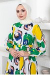  Desenli Tesettür Elbise Yeşil 441
