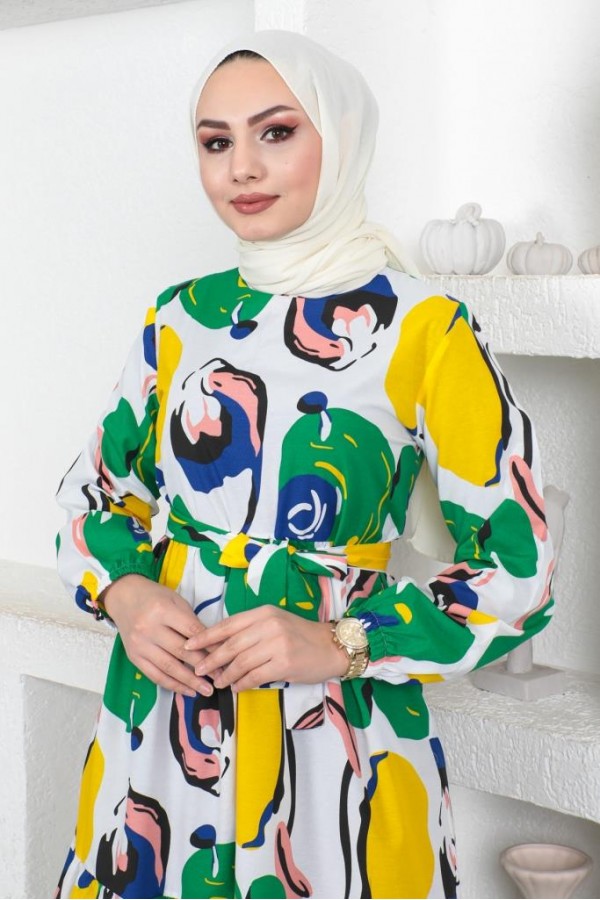  Desenli Tesettür Elbise Yeşil 441