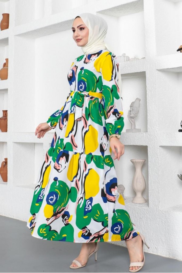  Desenli Tesettür Elbise Yeşil 441