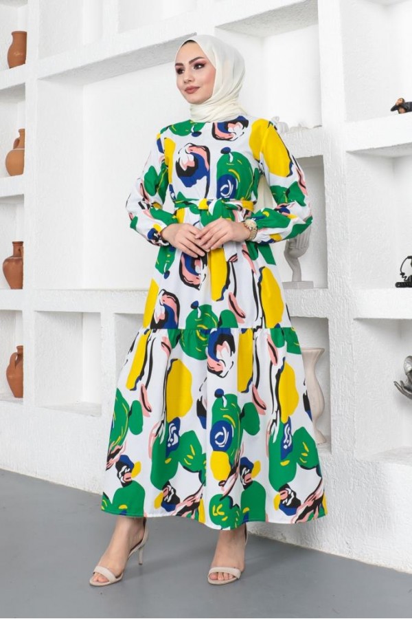  Desenli Tesettür Elbise Yeşil 441