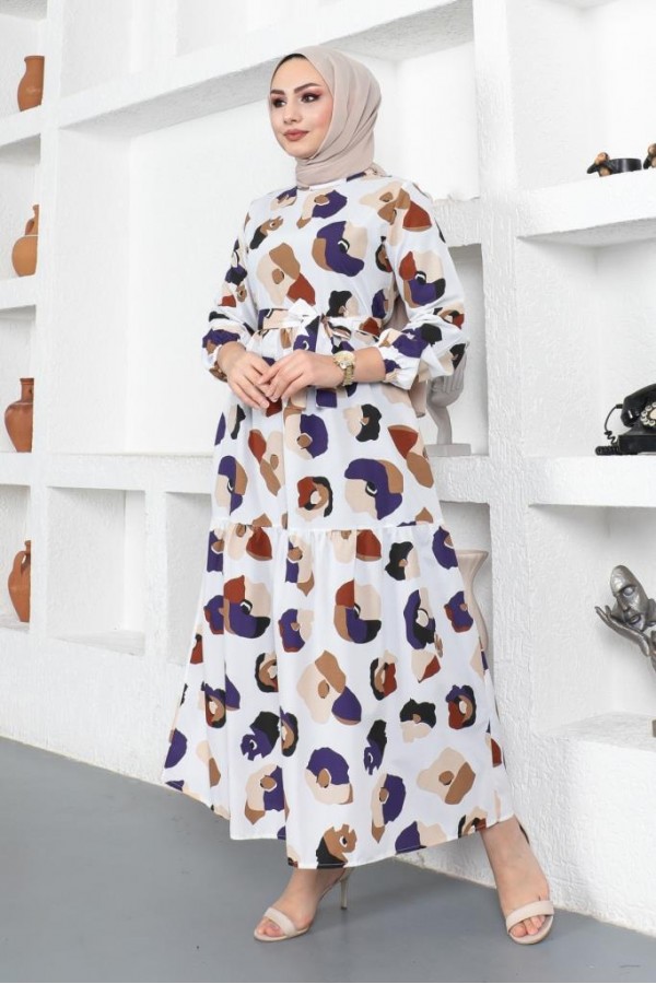  Desenli Tesettür Elbise Kahverengi 442