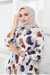  Desenli Tesettür Elbise Kahverengi 442