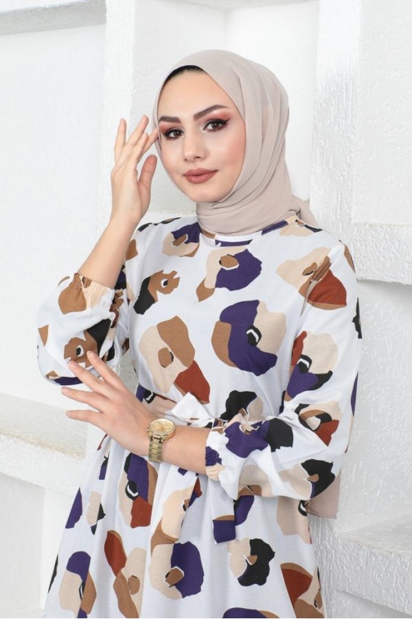  Desenli Tesettür Elbise Kahverengi 442