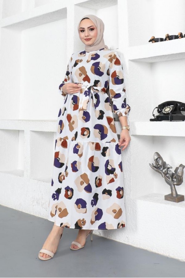  Desenli Tesettür Elbise Kahverengi 442