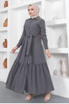  Gömlek Yaka Aerobin Tesettür Elbise Antrasit 443