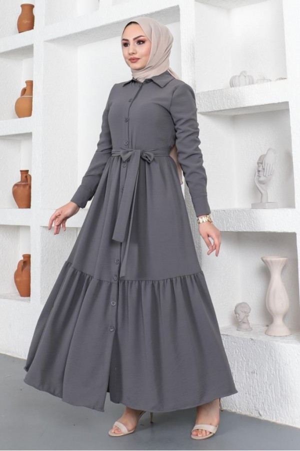  Gömlek Yaka Aerobin Tesettür Elbise Antrasit 443