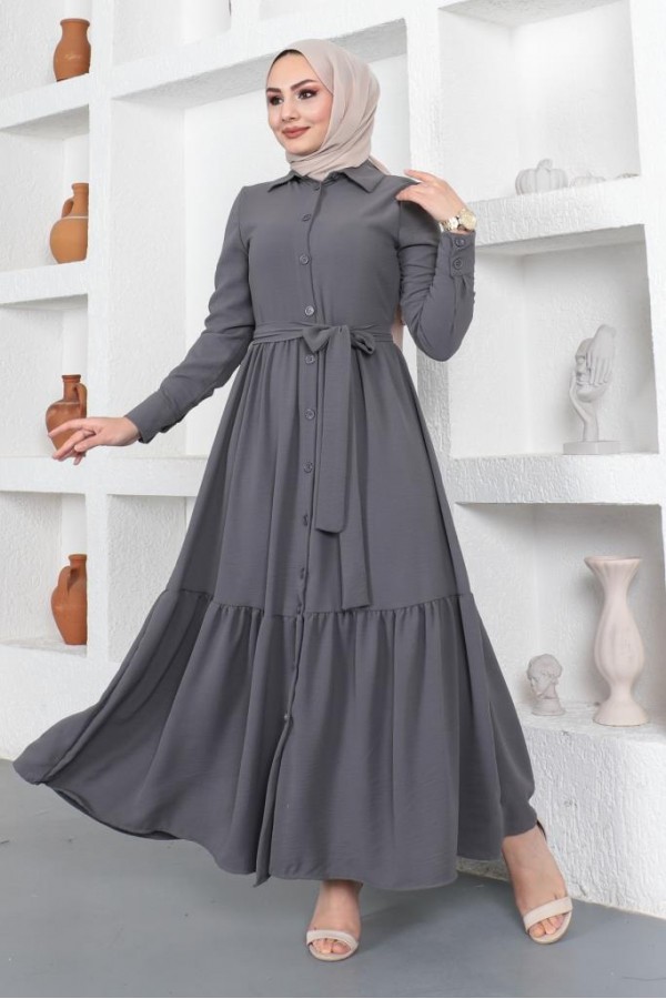  Gömlek Yaka Aerobin Tesettür Elbise Antrasit 443