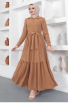  Gömlek Yaka Aerobin Tesettür Elbise Camel 443